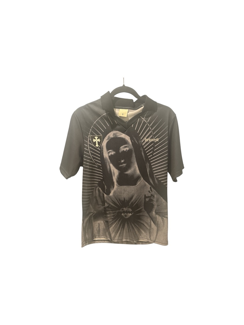 Black Graphic Jersey Shirt with Religious Art